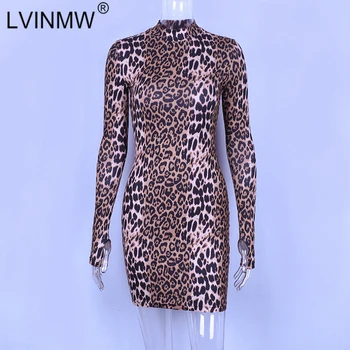 LVINMW Seksualus Leopardas Spausdinti Bodycon Suknelė 2018 M. Rudenį, Žiemą Moterys ilgomis Rankovėmis Aukštu Kaklu Slim Mini Suknelė Klubo Kalėdinis vakarėlis Suknelė