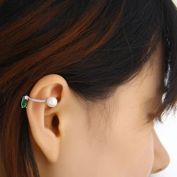 LXOEN Mada Imituoti Pearl Ausies Manžetai Girl Žalios, Ovalo formos Cirkonis Įrašą Earings Moterys Sidabro Spalvos CZ Įrašus Jewlery Dovanos