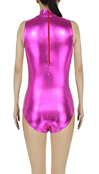 LZCMsoft Moterų Blizgios Metalinės Rankovių Golfo Šokių Leotard Kostiumas Mergaičių Gimnastikos Triko su Užtrauktuku Dancewear Viršūnės