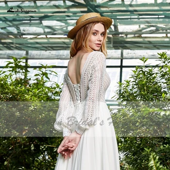 Lakshmigown Reljefiniai Ilgomis Rankovėmis Nuotakos Suknelė Moterų Plius Dydis Boho Vestuvių Suknelės 2021 Vestuvių Linijos Vestuvių Suknelė Nėriniai Atgal