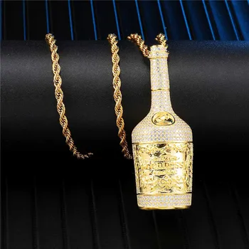 Lediniame Iš Bling Šampano Butelį Pakabukas Aukso Spalvos Kubinis Cirkonis Raudono Vyno Butelis Karoliai Vyrams Hip-Hop Grupė Papuošalai