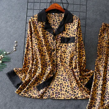 Leopard Pižamos Moterims Juostele Satino Pižama Rinkiniai 2019 Naują Pavasario Ilgomis Rankovėmis 2 Vnt Kostiumas Atsitiktinis Šilko Namų Drabužių Sleepwear