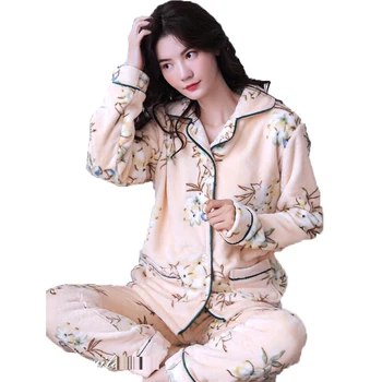 Leopard Print 2 Gabalas Pajama Nustatyti Moterų Namų Drabužius ilgomis Rankovėmis Koralų Aksomo Mielas Sleepwear naktiniai drabužiai Moterų Pižamos Loungewear