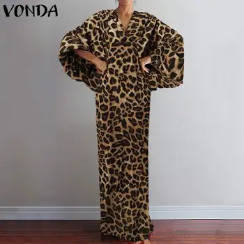 Leopardas Spausdinti Suknelė Moterims Rudenį ilgomis Rankovėmis Ilgas, Maxi Suknelė Sundress VONDA 2021 m. Derliaus Šalis, Kaftan Suknelė Plius Dydis Vestido