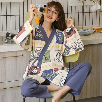 MELIFLE Rudenį Japonų Kimono Pajama Rinkinys Moterims Medvilnės PJS Satino Atoff Namų Sleepwear Žiemą Šiltas Yukata Šilko naktiniai drabužiai