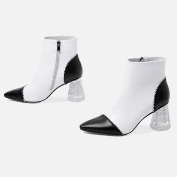 MLJUESE 2021 moterų batai Karvės odos Žiemos trumpas pliušinis Pažymėjo Tne užtrauktukas Mišrios Spalvos aukštakulnius moterų batai 40 dydis