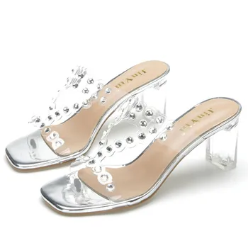 MVVJKE specialus pasiūlymas didelis dydis 44 aišku, aukštakulniai batai moterims vasaros sandalas kristalai slydimo esp femme