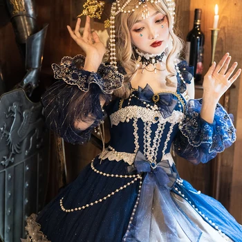 Melonshow Gothic Lolita Dress Plius Dydis Moterų Viktorijos Suknelė Mėlyna Kawaii Drabužių Rafinuotą Stilių Kilnus Retro Suknelės Renesanso