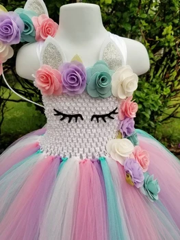 Mielas Kūdikis Vienaragis Gėlių Tutu Suknelė Mergaitėms Nėrimo Pastelinių Tiulio Suknelė su Hairbow Vaikams Gimtadienio Cosplay Kostiumų Suknelės