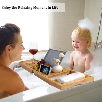 Mobiliojo telefono laikiklis daugiafunkcį slysti atsparumas lentynos bambuko vonia lentyna, ištraukiamas vonios lentynos