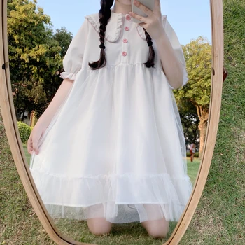 Mori mergina balta peter pan apykaklės 2020 metų Vasaros preppy stiliaus trumpomis Rankovėmis Suknelės Moteriška balta mielas kelio ilgio Suknelė vestidos