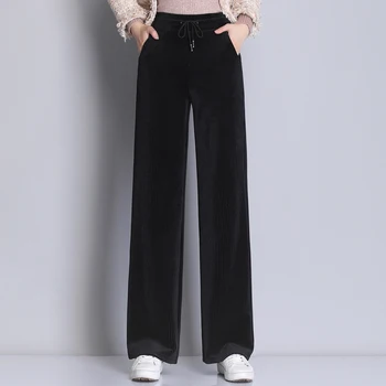 Moterims, Elegantiška Juodos Kelnės Nėrinių Elastinga Juosmens Streetwear 2020 M. Rudens Žiemos Atsitiktinis Visas Ilgis Velvetas Kelnės Pantalones