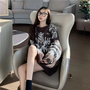 Moteris Kalėdų Megztiniai 2020 Korėjos Atsitiktinis O-Kaklo Aukso Snaigės Modelio Negabaritinių Šiltas Megztinis Megztinis Ilgomis Rankovėmis Trikotažas