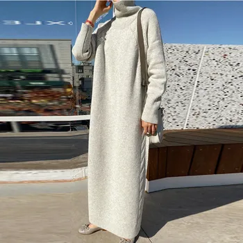 Moteris Rudens-Žiemos Golfo Ilgai Pasukti Mezgimo Suknelė Mados Pilka Aukšto Kaklo Prarasti Atsitiktinis Megztinis Suknelė Ilgomis Rankovėmis Šilta Suknelė