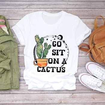 Moterų Animacinių filmų Kaktusas Laišką Augalų Mielas 90-ųjų Mados Ponios Spausdinti Lady T-shirts Viršuje Moterų Grafinis Marškinėliai Moteriška Tee Marškinėliai