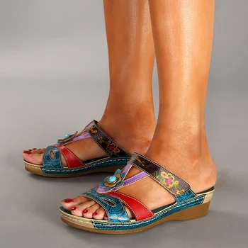 Moterų Sandalai Mados Etninės Stiliaus Gėlių Sandalai Pleištai Flip Flop Ponios Batai TC21