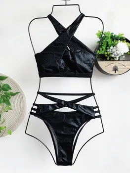 Moterų Snakeskin Spausdinimo maudymosi kostiumėlį Criss Cross Bikini Push-up Apynasrio Tvarstis Maudymosi Wrap Kostiumai Dviejų dalių maudymosi Kostiumėliai, Dropship