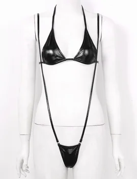 Moterų apatinis Trikotažas Bodysuit Metallic Mini Micro Bikini Bodysuit Clubwear Apynasrio Kaklo Savarankiškai kaklaraištis Liemenėlė Viršų G-String Thong Seksualus Apatiniai