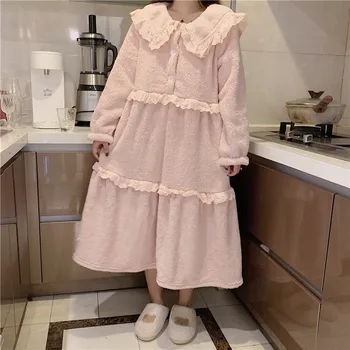 Moterų žiemos korėjos princesė stilius saldus nightdress ilgomis rankovėmis Koralų Vilnos nėrinių pižamą miega suknelė storio homewear L203
