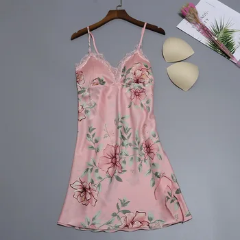 NAUJAS 2019 Ponios gražių gėlių sleepwear Moteris aukštos kokybės ledo šilko naktiniai drabužiai Sexy nėrinių Lapeliai