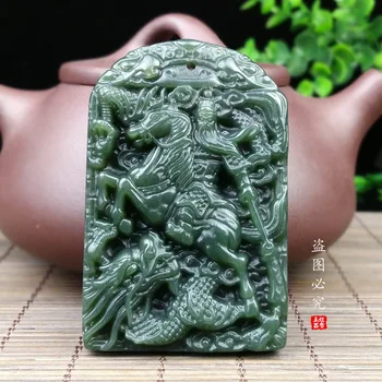 Natūralus hetian green jade pakabukas jodinėjimas žirgais Guanyu jade karoliai prekės ženklo vyrai nuvarytas papuošalai žadeitas jade