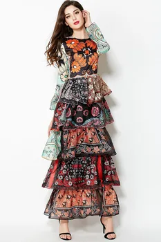 Naujas Atvykimo 2020 M., O Moterų Kaklo, ilgomis Rankovėmis Gėlių Spausdinti Ruffles Pakopų Sluoksniuotos Elegantiškas Maxi Dizaineris kilimo ir tūpimo Tako Suknelės