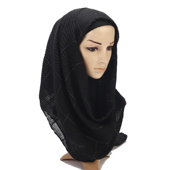 Naujas Klostuotas Vingiuoti Moterų Hijab Šalikas Musulmonų Galvos Wrap Skara Paprasto Spalvų Medvilnės, Viskozės Su Aukso Siūlais Pliad Hijab Šalikai