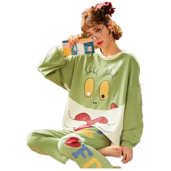 Naujas Medvilnės Pižama Rinkiniai Moterims Animacinis doodle Moterų Pižamos ilgomis Rankovėmis Sleepwear Kvėpuojantis Kostiumas Homewear Lounge pijamas
