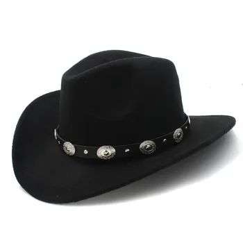 Naujas Vintage Vilnos Vakarų Kaubojaus Skrybėlę Womem Vyrų Pločio Kraštų Cowgirl Džiazo Dangtelis Su Oda Toca Sombrero Kepurė