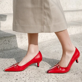 Nurodė, kulno raudona juosta su vienu batai stiletto seklių burną patogus ponios batai metalo sagtis, odos moteriški batai