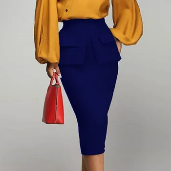 Office lady paaukštintu liemeniu sijonas 2020 m. rudens, žiemos, mėlyna juoda moterų paketo klubo plius dydžio elegantiškas moteris, midi pieštuku sijonai moteris