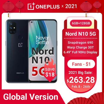 OnePlus Nord N10 5G Išmanųjį telefoną Pasaulio Versija 6GB 128GB Snapdragon 690 90Hz Ekranas 64MP Quad Cam Deformuoti 30T NFC Mobiliųjų Telefonų
