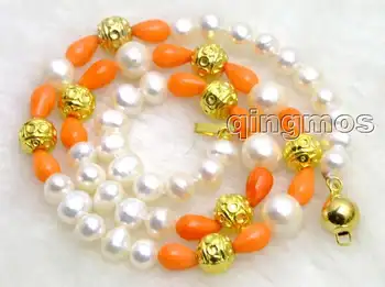 PARDAVIMAS, 6-7mm baltų natūralių apvalių perlų su 5*9mm Oranžinė, koralų lašas 17