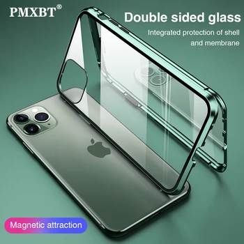 PMXBT Dvipusis Grūdintas Stiklas Atveju iPhone, 11 Pro XS Max XR X 8 7 Plus SE 2020 Metalo Magnetinių Adsorbcijos apsauginis Dangtis
