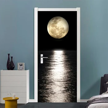 PVC Durų Lipdukas 3D Naktį Mėnulio Jūros Lygio Peržiūrėti Durų Apdailos Kambarį Valgomasis Vinilo Durų Freskomis Tapetai, 3D Durų Plakatas