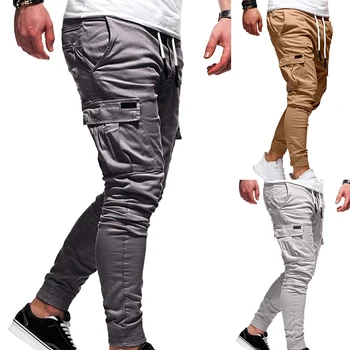 Paauglių vyriški laisvalaikio ruožas juosmeniu kelnės Slim vientisos spalvos medvilnės tiesiai kišenėje įrankiai kelnės