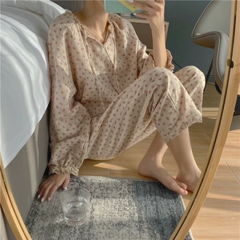 Pavasarį, rudenį, medvilnės pižama, nustatytas drebulys vyšnių spausdinimo nėrinių sleepwear pižamos kelnės 2 vnt ilgomis rankovėmis homewear kostiumas Y036