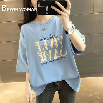 Plus Size 2019 Ilgai Moterų Marškinėliai Korėjos Pusė Rankovės Moterų Tee Marškinėliai