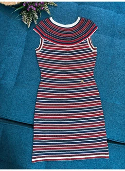 Prabangos Prekės ženklo Dizaineris Megzti Suknelė Moterims Derliaus Susiėmę Apykaklės, Kontrastas Dryžuotas Rankovių Megzti Suknelę