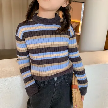 Preppy Stiliaus Dryžuotas O-Kaklo Megztiniai Mergaitėms 2020 Naujų korėjos Mados Retro Vaikams megztinius ilgomis Rankovėmis Slim Šiltas Puloveriai