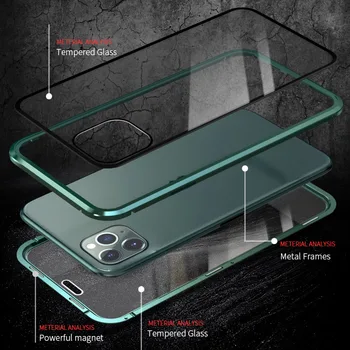 Privatumo Magnetinio dvipusės Grūdintas Stiklas Atveju iPhone, 11 Pro Max dangos Anti-peeping Metalo Bamperis Atveju iPhone, 11 11Pro Coque