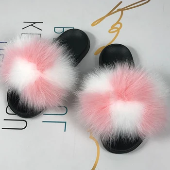 Purus Slankmačiai Moterų Šlepetės Vasaros Butai Saldus Ponios Batai Moteriška Furry IndoorReal Fox Fur Flip Flops