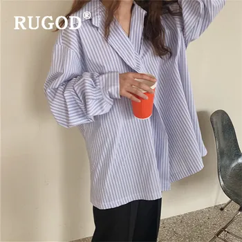 RUGOD 2020 Nauja siunta Dryžuotas Rudenį Marškinėliai moterims Turn-žemyn Apykaklės ilgomis Rankovėmis Moteriška Palaidinės Prarasti Prašmatnus Moterų Topai