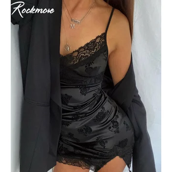 Rockmore Nėrinių Seksuali Mini Suknelės Moterims, Satino Estetinės Gėlių Spausdinti Spageti Strape Trumpą Suknelę Pusės Split Sundress Retro 2021