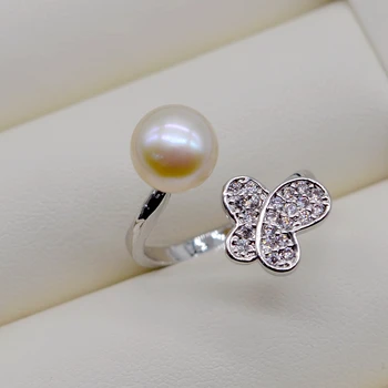 Romantiška Drugelis Žiedas, 8-9mm Natūralių Gėlavandenių Perlų, Sidabro, Cirkonis, Reguliuojamas, Perlų Žiedas