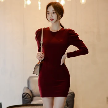 Rudenį 2019 Naujus Moteriškus Korėjos Seksualus Apvalios Kaklo Sluoksniuotos Rankovėmis, Plonas Elegantiškas Mados Vientisos Spalvos Maišelis Klubo Dugno Megzti Suknelę