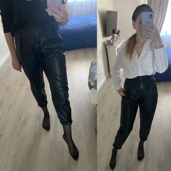 Rudenį Moterų Elegantiškos Odinės Kelnės Aukštu Juosmeniu Kelnės Juodos Dirbtiniais PU Odos Kelnės Moteris Elegantiškas Kišenės Derliaus Streetwear Kelnės