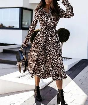 Rudenį atvartas Ilgai Mados Suknelė Moterims 2020 Atsitiktinis ilgomis Rankovėmis Padalinta Leopard Print Suknelė Moterų Elegantiškas Maxi Šalies Drabužių