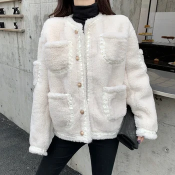 Rudenį, žiemą naujas prarasti didelę kišenę, ėriukų vilnos paltą moteris chic stiliaus single-breasted cardigan parko Viršūnės moterų paltas
