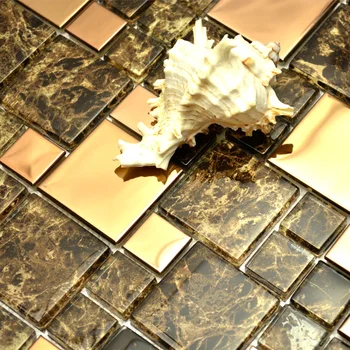 Rudos spalvos stiklo sumaišyti aukso, nerūdijančio plieno metalo plytelės aikštėje mozaika virtuvės backsplash plytelių, vonios, dušo plytelių